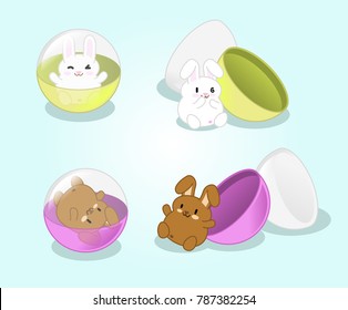 Cute rabbits in gashapon capsules closed and open (set of 4 kawaii illustrations)
