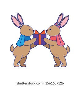 cute rabbits with gift box over white background, vector illustration