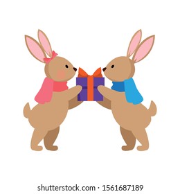cute rabbits with gift box over white background, vector illustration