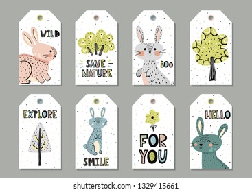 Cute rabbits gift tags set in scandinavian style. Vector illustration