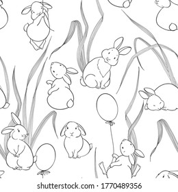 Cute rabbits and grass on white. Seamless pattern. Cartoon vector illustration. Animal background