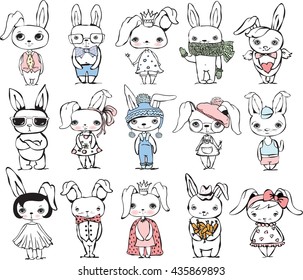  Cute rabbits for greeting card design, t-shirt print, inspiration poster. 