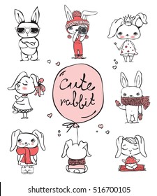 Cute rabbits for greeting card design, t-shirt print, inspiration poster. 