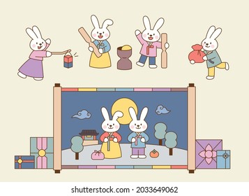 Los conejos adorables saludan las vacaciones con ropa coreana tradicional. ilustración simple del vector de esquema.