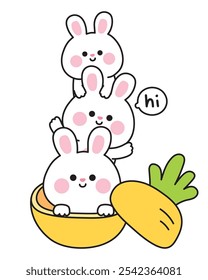 Cute rabbits greeting and stay in big carrot.Vegetable.Easter.Bunny.Rodent animal character cartoon design.Image for card,sticker,baby clothing.Kawaii.Vector.Illustration.