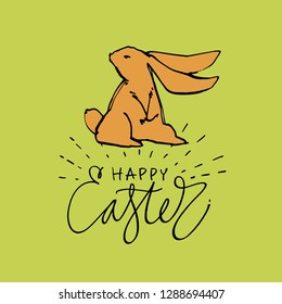Cute rabbits, hand draw illustration with letterings phrases-Happy Easter. Draw vector illustration set character design of cute rabbit.