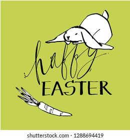 Cute rabbits, hand draw illustration with letterings phrases-Happy Easter. Draw vector illustration set character design of cute rabbit.