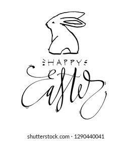 Cute rabbits, hand draw illustration with letterings phrases-Happy Easter. Draw vector illustration set character design of cute rabbit.