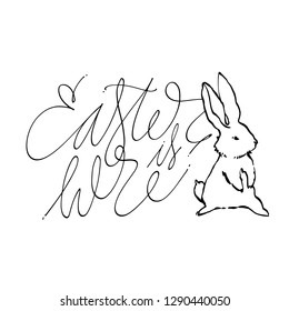 Cute rabbits, hand draw illustration with letterings phrases-Happy Easter. Draw vector illustration set character design of cute rabbit.