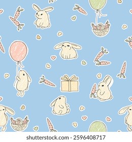 Cute rabbits hand drawn colored seamless background. Vector seamless pattern little bunnies love carrots and celebrate the holiday.