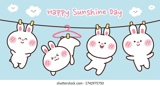 Cute Rabbits Hang On A Rope And Clothes Line Banner.Happy Sunshine Day Writing On Sky Background.Cartoon Character Hand Drawn Design.Animals Doodle.Kid Graphic.Kawaii.Vector.Illustration.