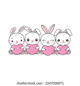 Cute rabbits  holding hearts. Cartoon character design for Valentine's Day.