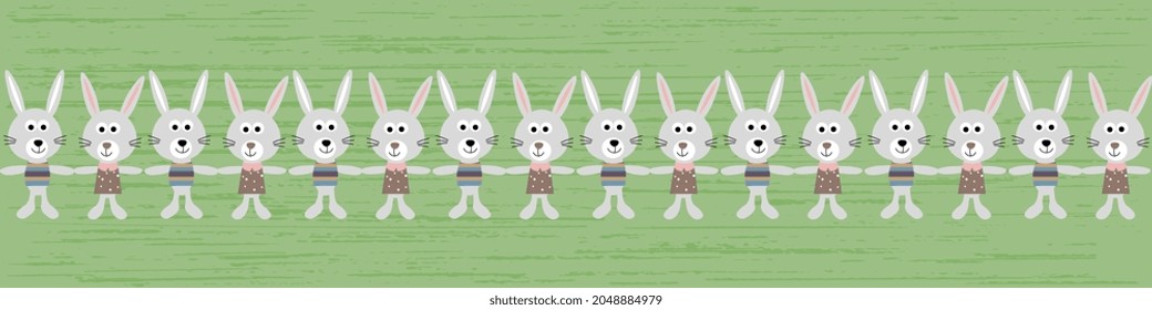 Cute rabbits horizontal pattern on a green textured background. Vector pattern for funny cards, holiday.
