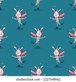 cute rabbits ice-skate seamless pattern