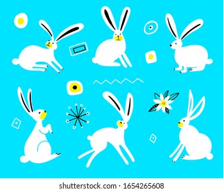 Cute rabbits isolated on a blue background. Set of white hares in a flat style. Bunny pet silhouette in different poses. Scandinavian children's style.