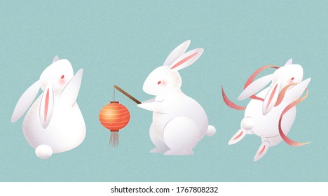 Cute rabbits isolated on light blue background, element set for Mid Autumn Festival and Easter use