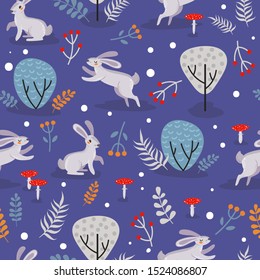 Cute rabbits jump in the autumn forest. Forest mushrooms and berries on a blue background. Children's textile, seamless pattern