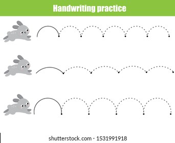 Cute rabbits jump. Handwriting practice sheet. Educational children game. Tracing lines for kids and toddlers