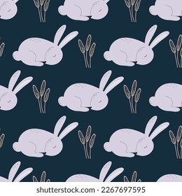 Cute rabbits kids seamless pattern. Hares sleep in herbs. Night background with animals. Baby Print with characters for textiles, paper, packaging, design of things and products. Bunny template,vector