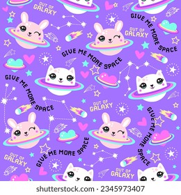 cute rabbits and kittens graphic with planets