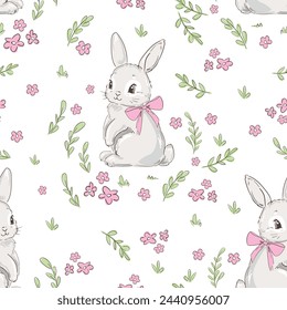 Cute rabbits and little flowers background vector seamless pattern, Bunnys 