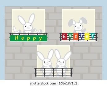 Cute Rabbits Looking From Terrace Decorated with Colorful Happy Easter Buntings