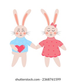 Cute rabbits in love. Bunny boy with heart holding bunny girl by the hand. Cartoon forest characters.