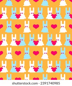 Cute rabbits and love pattern seamless. Hares and heart background. Baby fabric texture