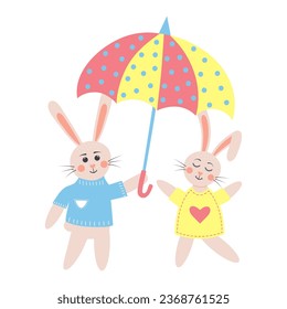 Cute rabbits in love under umbrella. Bunny boy with happy bunny girl. Cartoon forest characters.