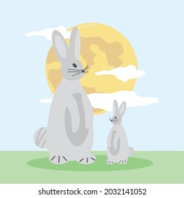 cute rabbits and moon cartoon