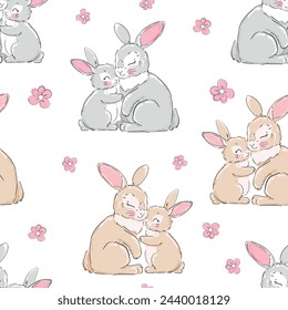 Cute rabbits, mother and baby, and flowers background vector seamless pattern 