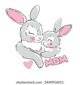Cute rabbits, mother and baby vector illustration, Mother day card bunnys