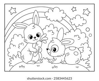 Cute Rabbits with Natural scenery view background coloring page for kids. Funny animal outline vector illustration.