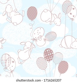Cute rabbits on balloons in the clouds. Seamless vector pattern. Cartoon animal background .