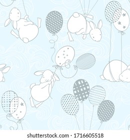 Cute rabbits on balloons in the clouds. Seamless vector pattern. Cartoon animal background .