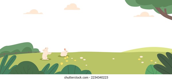 Cute Rabbits on Green Meadow at Spring Day. Nature Landscape Background with Funny Bunny Animals at Forest Field with Trees and Pink Clouds. Easter Eggs Hunt Concept. Cartoon Vector Illustration