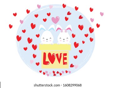 Cute rabbits on the love box with a lot of heart