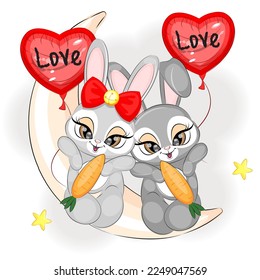 Cute rabbits on the moon with carrots couple Valentine's Day, vector illustration