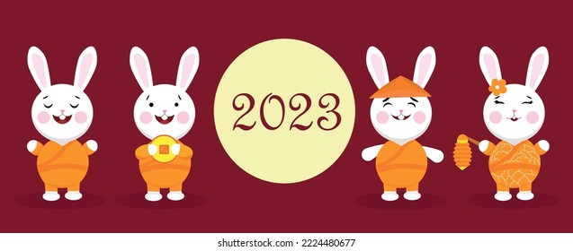 Cute Kaninchen auf rotem Hintergrund. Grußkarte für das neue Jahr 2023