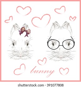 Cute rabbits on a white background. Illustration.