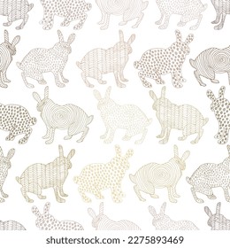 Cute rabbits on white. Naive art. Seamless vector pattern.  Cartoon animal background. Perfect for wallpaper, wrapping, fabric and textile. 