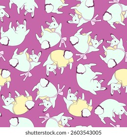 Cute rabbits in overalls and aprons. Easter illustration in pastel colors. Seamless background.