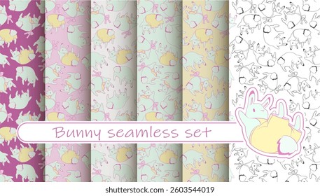 Cute rabbits in overalls and aprons. Easter illustration in pastel colors. Seamless background. Set of patterns.