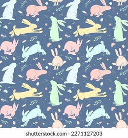 Cute rabbits pattern. Colourful rabbits, dark background. Spring print for wrapping paper, textiles, wallpaper. Seamless vector pattern