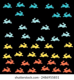 Cute rabbits pattern. Colourful rabbits, dark background. Spring print for wrapping paper, textiles, wallpaper. Seamless vector pattern