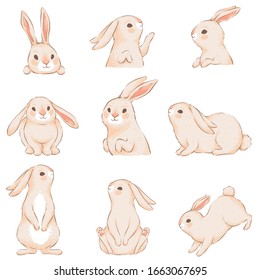 Cute rabbits with pink ears in different funny poses. Characters for easter design. Imitation of handmade watercolor