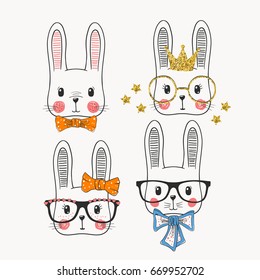 Cute rabbits. Princess, sweet girl, funny bunny. Friends. Vector illustration for print on t-shirt, bag and other uses