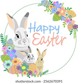 Cute rabbits in a round frame made of flowers and eggs. Happy Easter. Postcard . Pastel colors