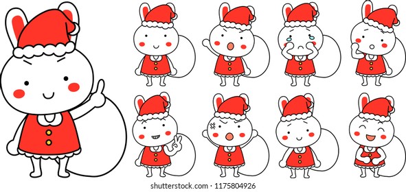 Cute Rabbit's Santa Claus emotional expression set