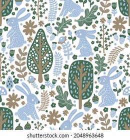 Cute rabbits in the Scandinavian forest. Seamless template can be used for wallpapers, fill templates, web pages backgrounds, surface textures